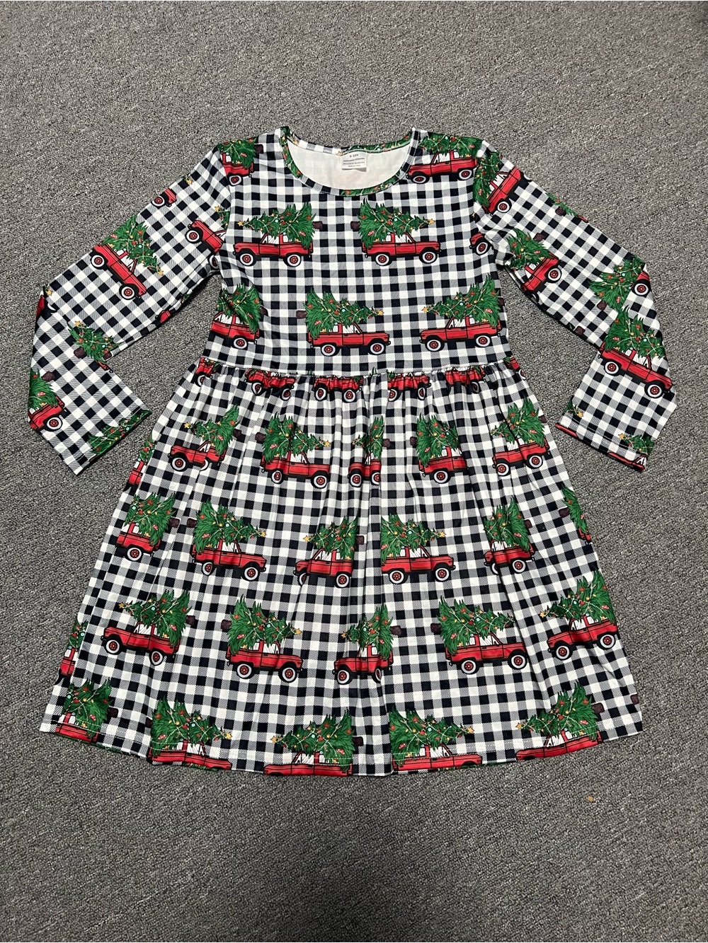 Girls Black & White Gingham Dress with Red Truck Christmas Tree Print 9-10T